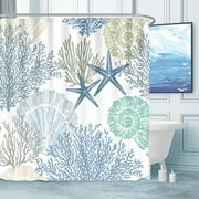 Nautical Coastal Waterproof Fabric Shower Curtain Starfish Seashell Coral Beach Themed Bath Curtain Ocean Shower Curtains for Bathroom with 12 Hooks, 72x72, Blue
